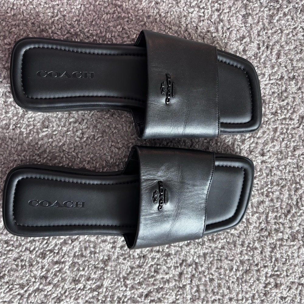 Coach Black Leather Slide Sandals
